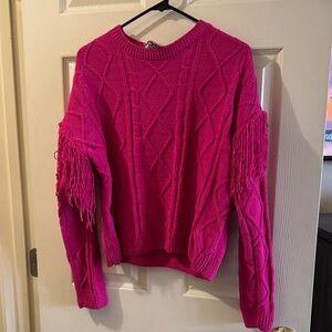 Vibrant Fuchsia Cable Knit Sweater with Fringe